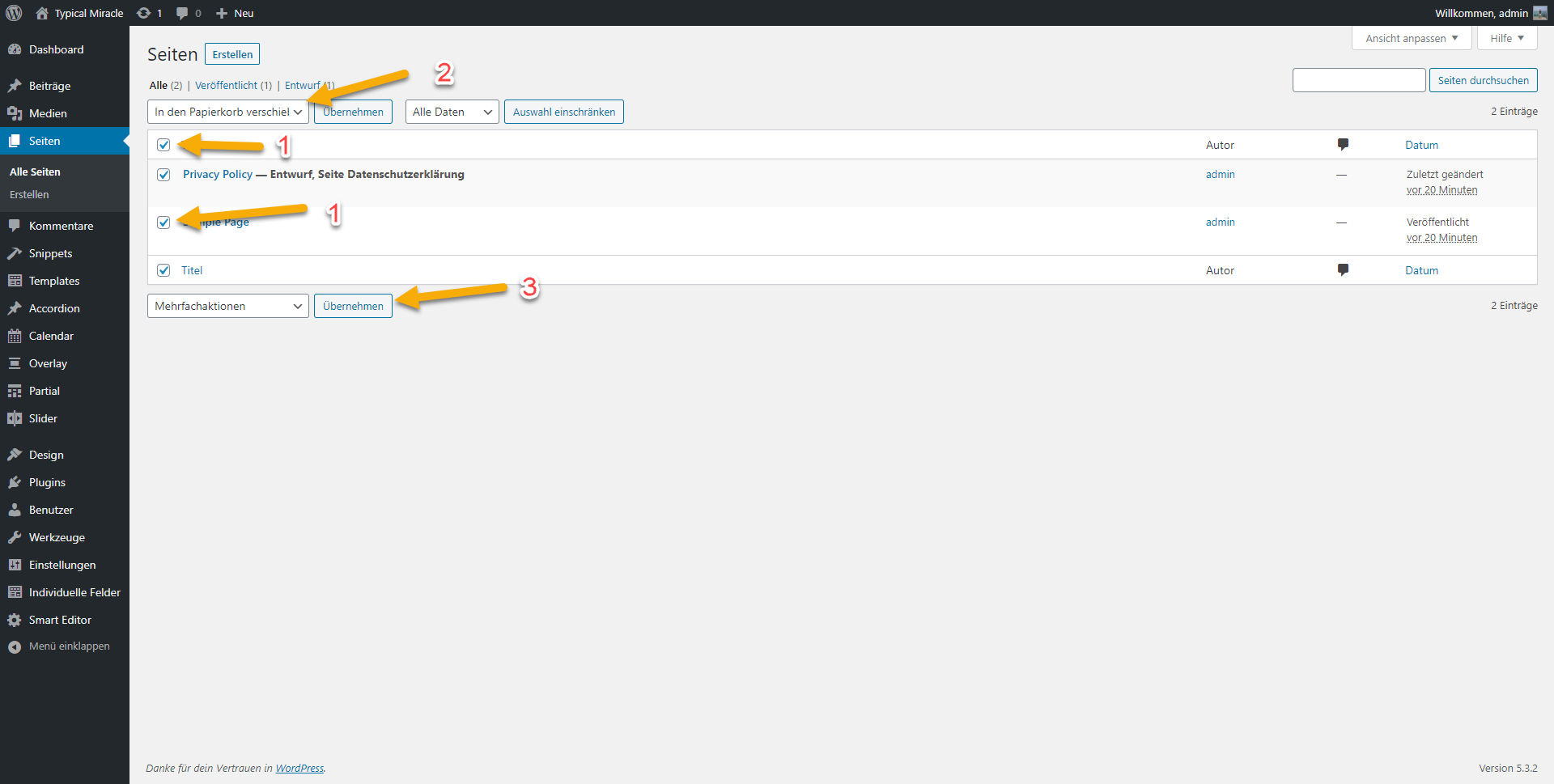 Wordpress pages-remove